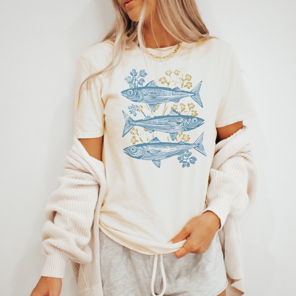 Vintage Fish and Flowers Graphic Tee Natural Botanical Line Art - Picture 3 of 6